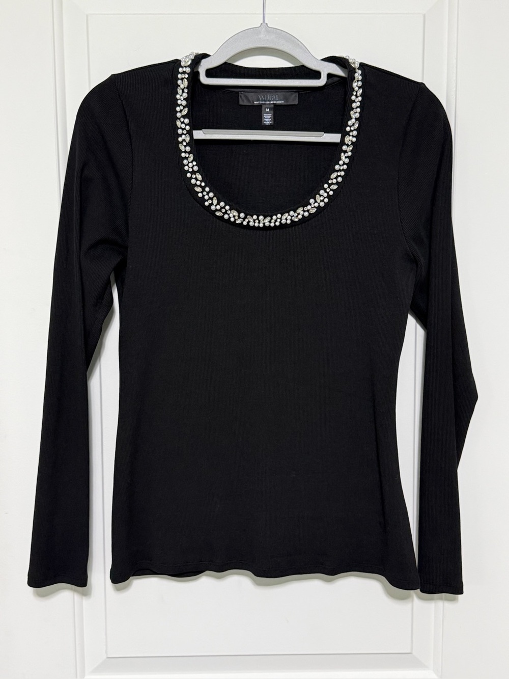 White House Black Market Black Scoop Neck Long Sleeve Top with Beaded Neckline